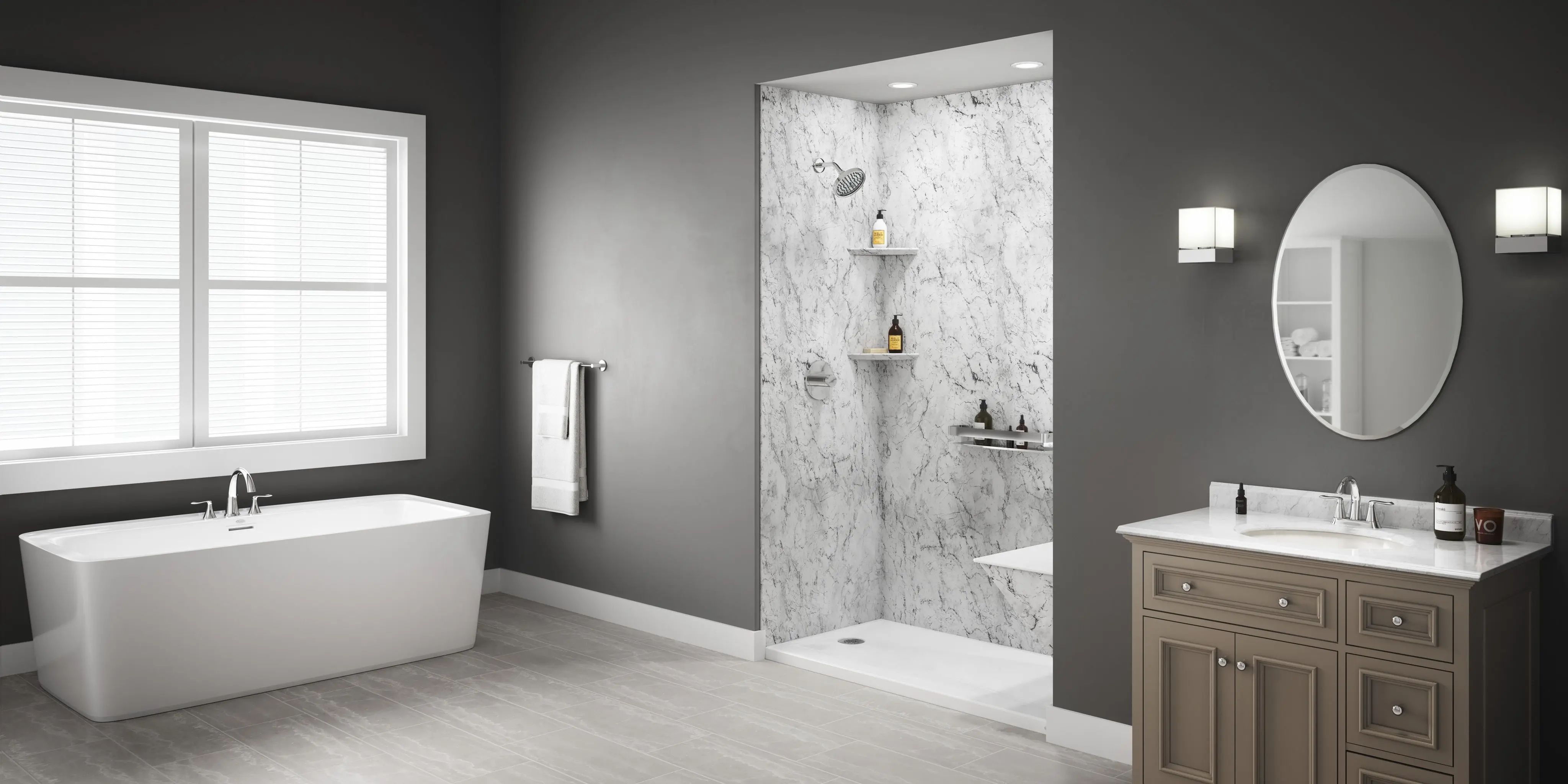 Contemporary walk-in shower with black hardware and quartz wall panels – Toronto GTA